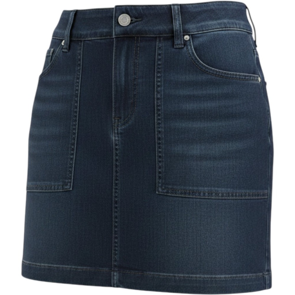 LOFT Dark Wash Denim Mini Skirt Indigo Blue Gold Back Zip Petite 6